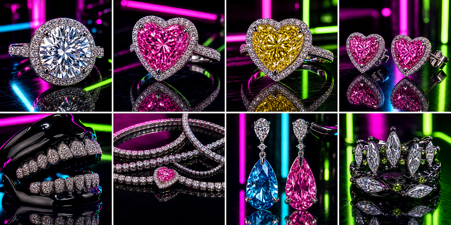 DROP 001 board showing heart rings, grillz, tennis chains, pear earrings, and marquise jewelry